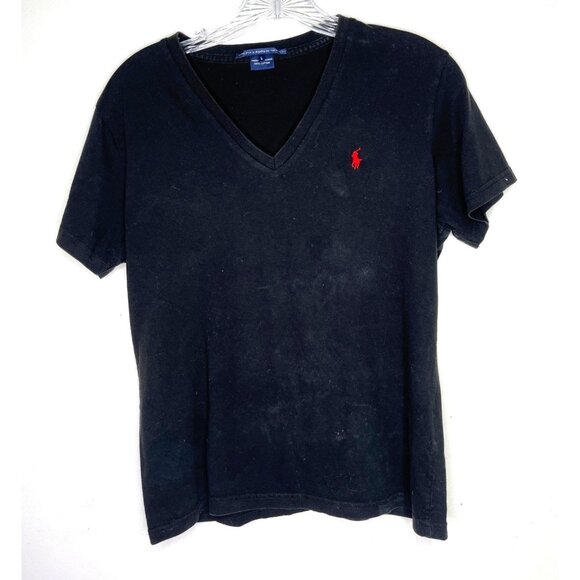 Ralph Lauren  Large Black Cotton  Short Sleeve V-Neck T-Shirt 87E - Picture 1 of 8